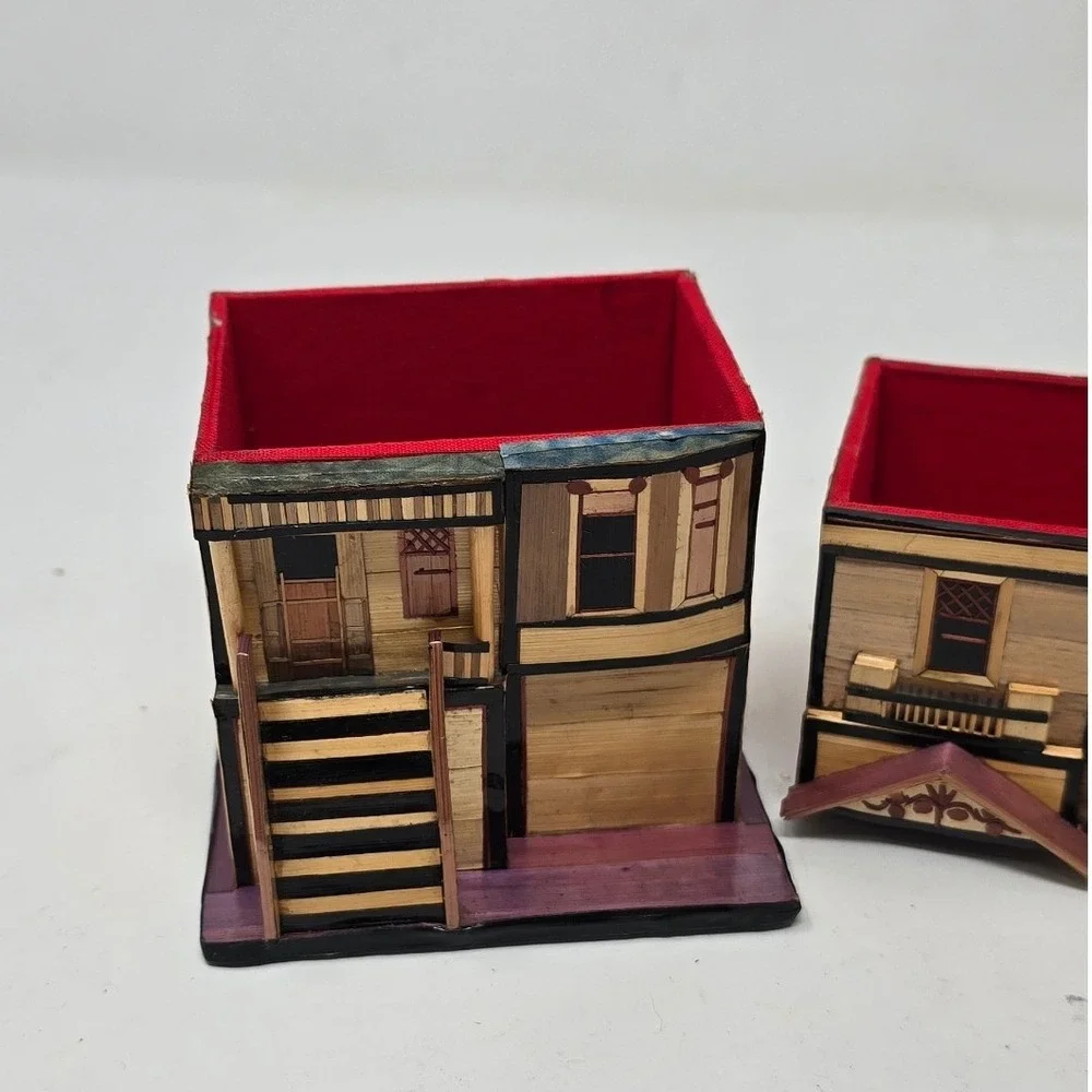 Vtg Red Company straw bamboo marquetry balsa wood trinket jewelry box house